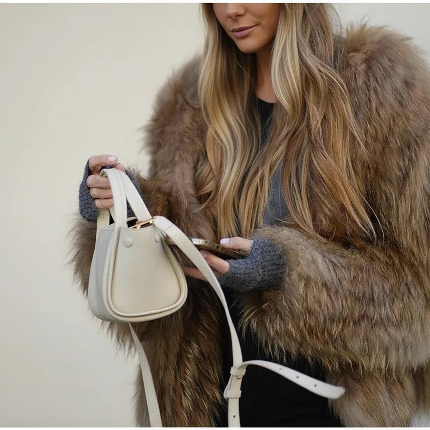 Cropped Shaggy Faux Fur Jacket in Brown - back view