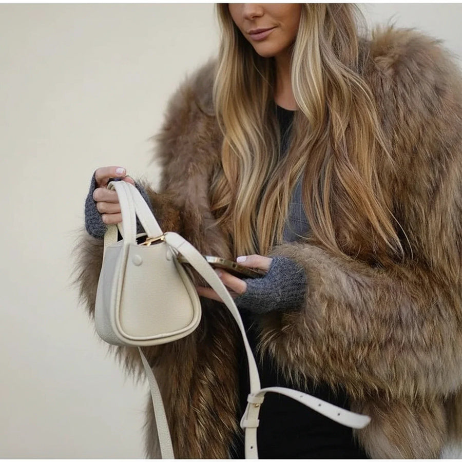 Luvrefashion | Cropped Shaggy Faux Fur Jacket in Brown - back view