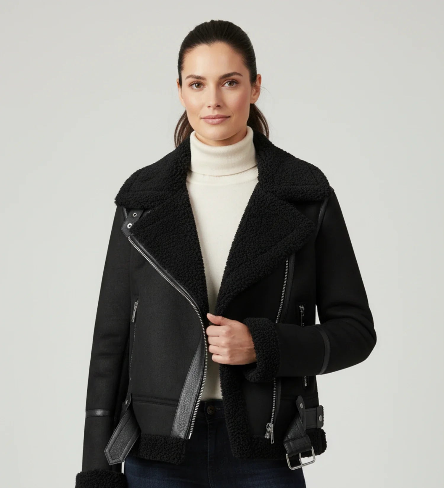 Luvrefashion | Aviator Jacket with Short Shearling in Brown - styled look