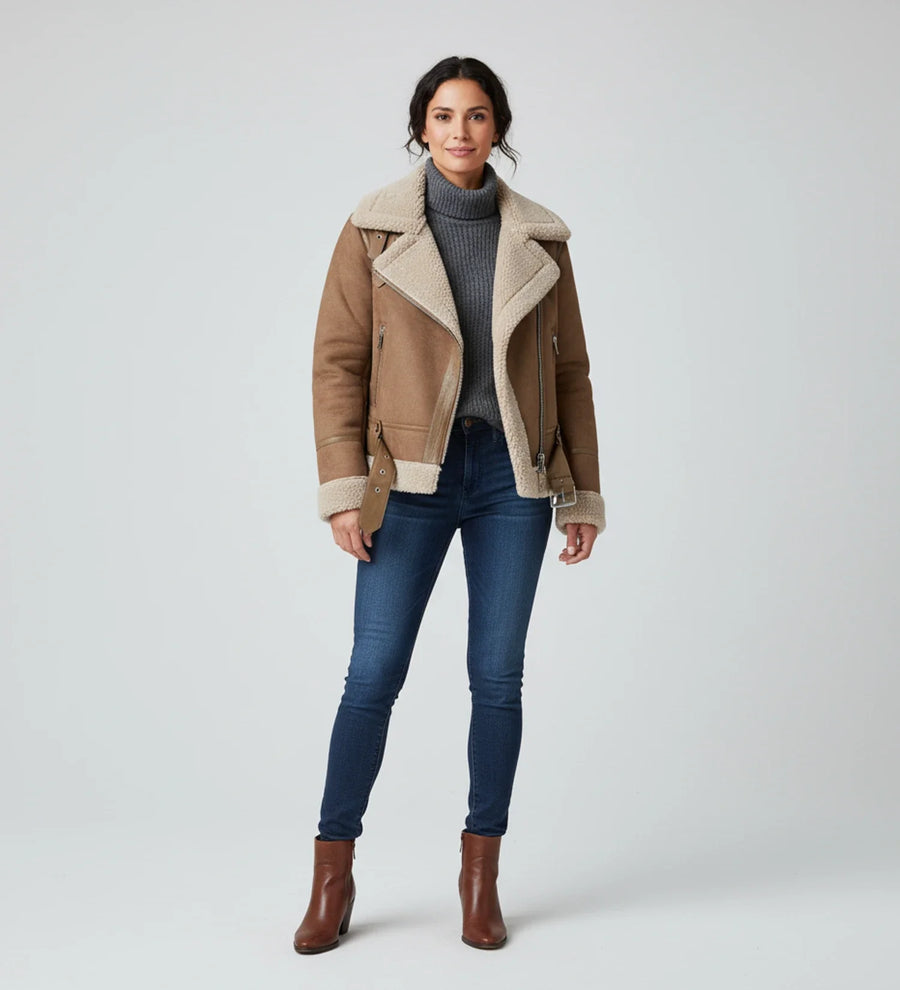 Luvrefashion | Aviator Jacket with Short Shearling in Brown - back view