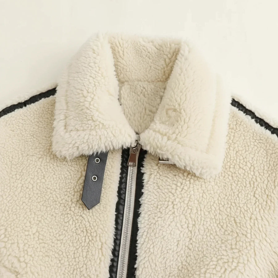 Luvrefashion | Aviator Jacket with Sherpa Lining in Ivory - back view