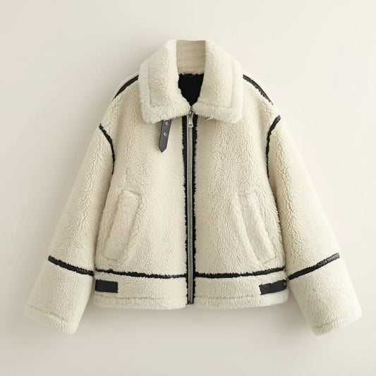 Aviator Jacket with Sherpa Lining in Ivory - front view