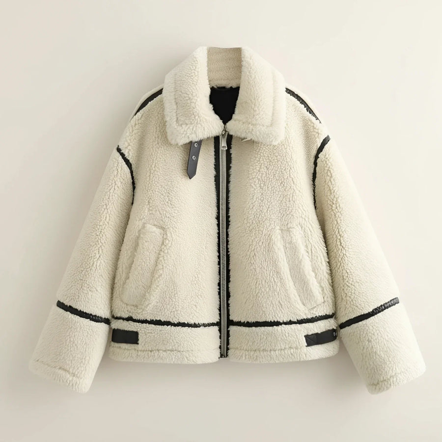 Luvrefashion | Aviator Jacket with Sherpa Lining in Ivory - front view