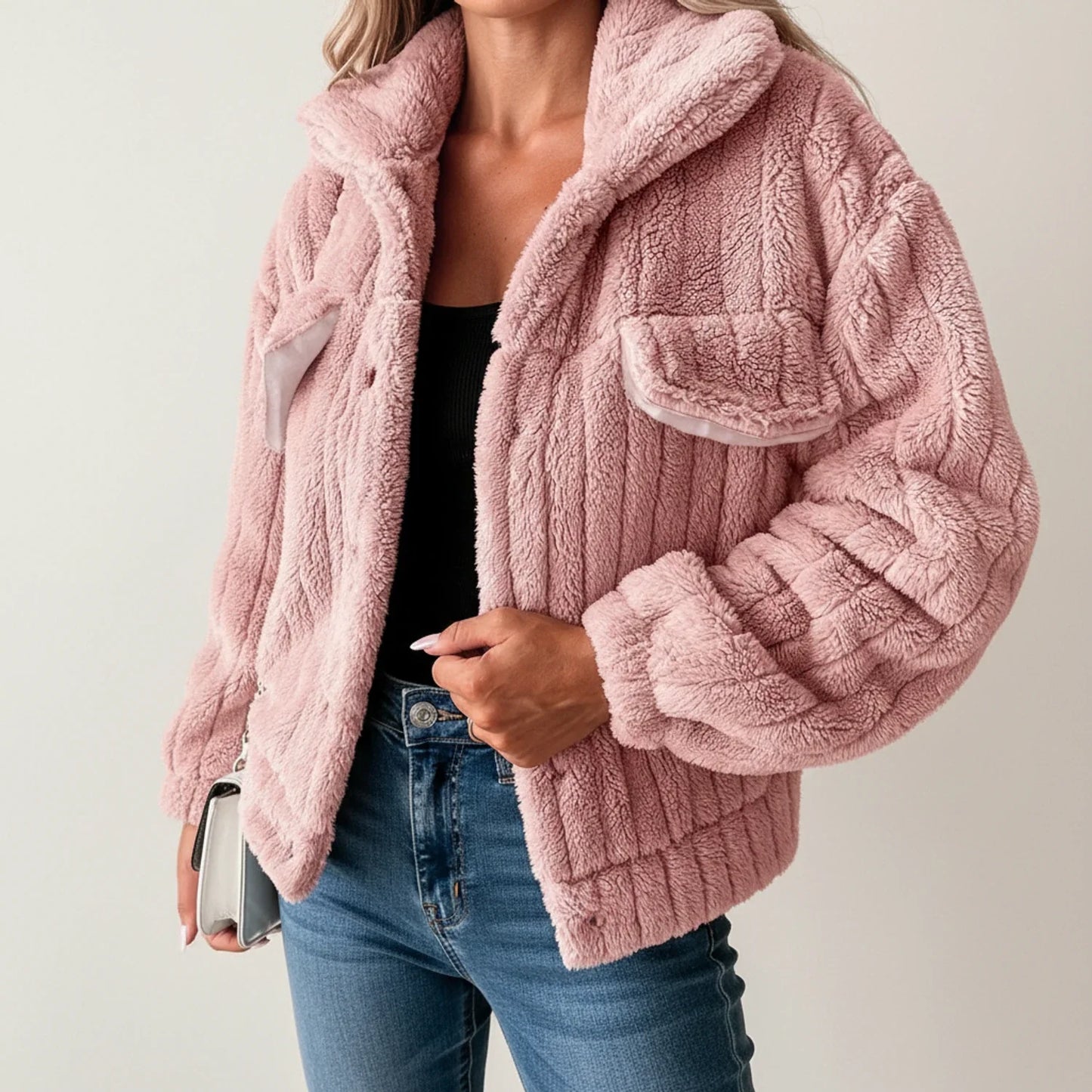 Cozy Teddy Bear Jacket in Pink - front view
