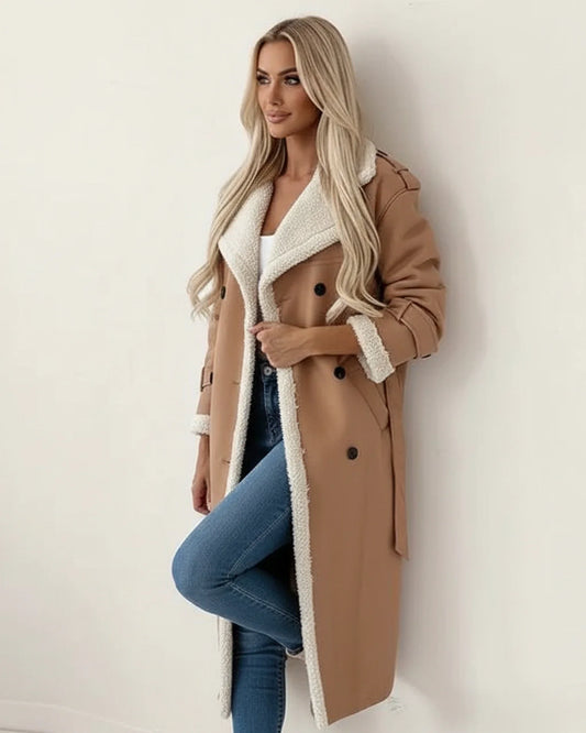 Long Sherpa Winter Coat in Khaki - front view