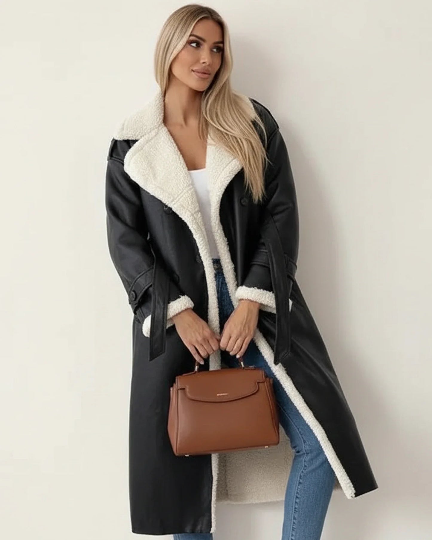 Long Sherpa Winter Coat in Khaki - side view