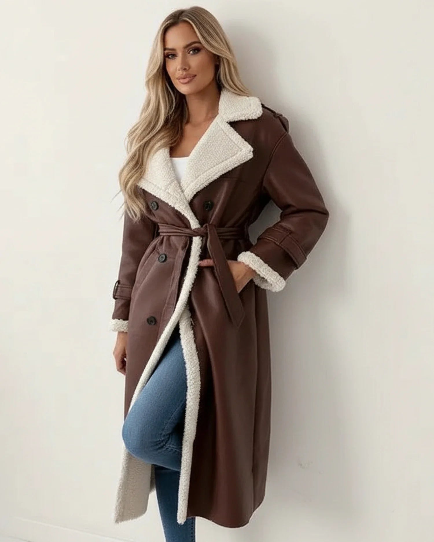 Luvrefashion | Long Sherpa Winter Coat in Khaki - detail view