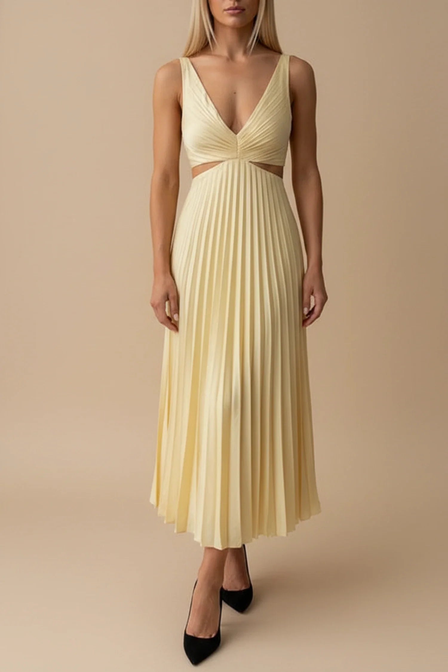 Pleated A Line Midi Dress for in Yellow - front view