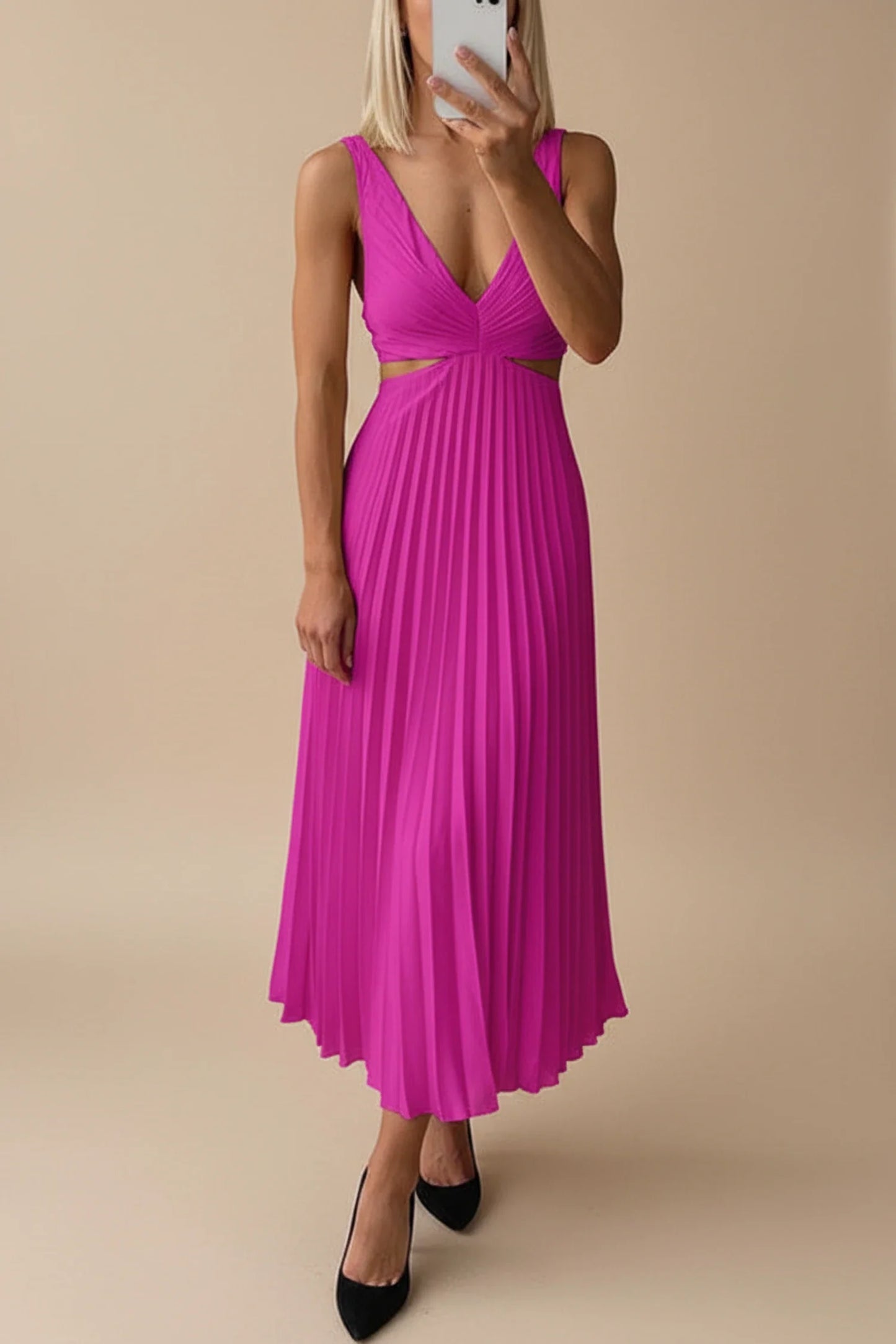 Pleated A Line Midi Dress for in Yellow - back view