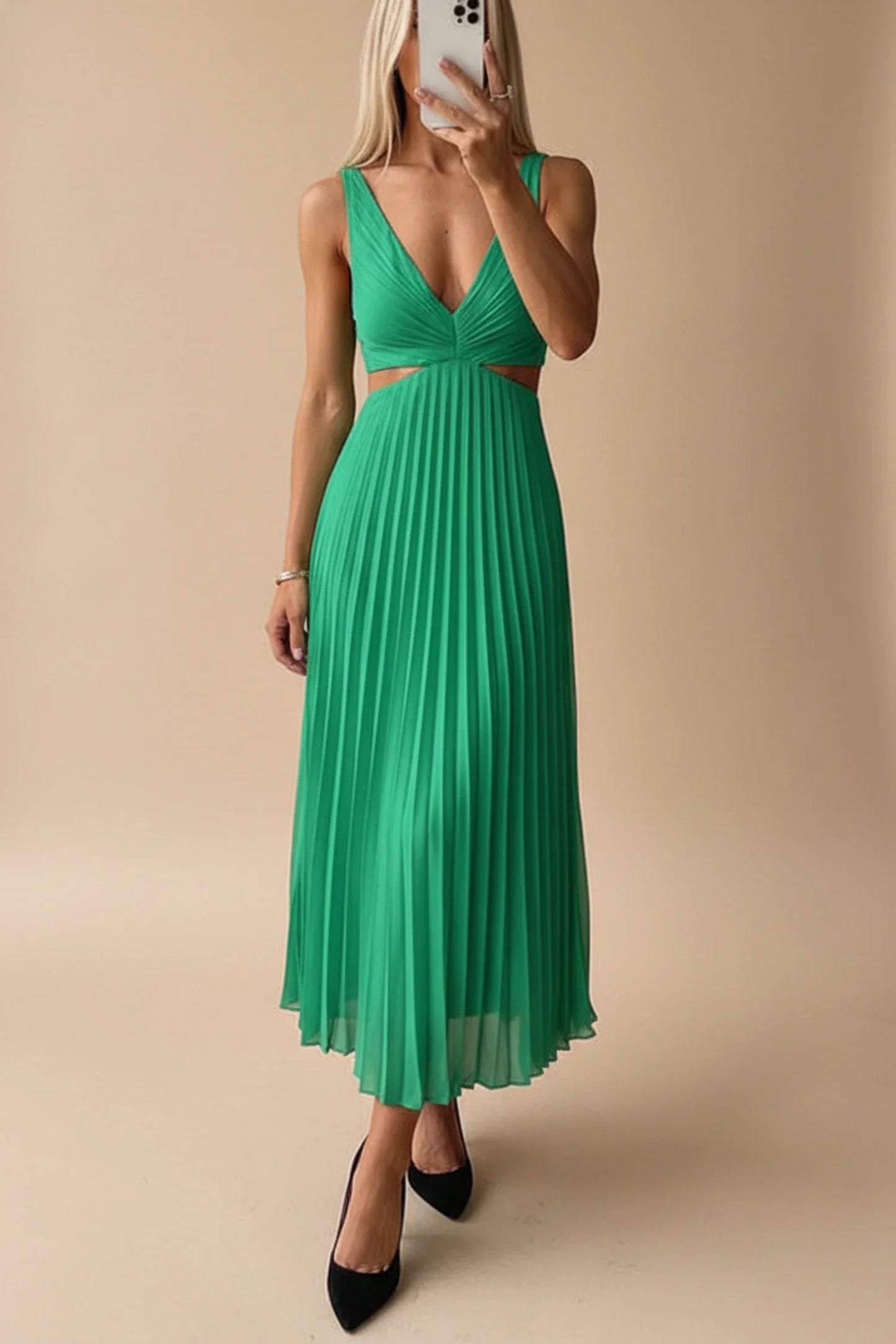 Pleated A Line Midi Dress for in Yellow - styled look