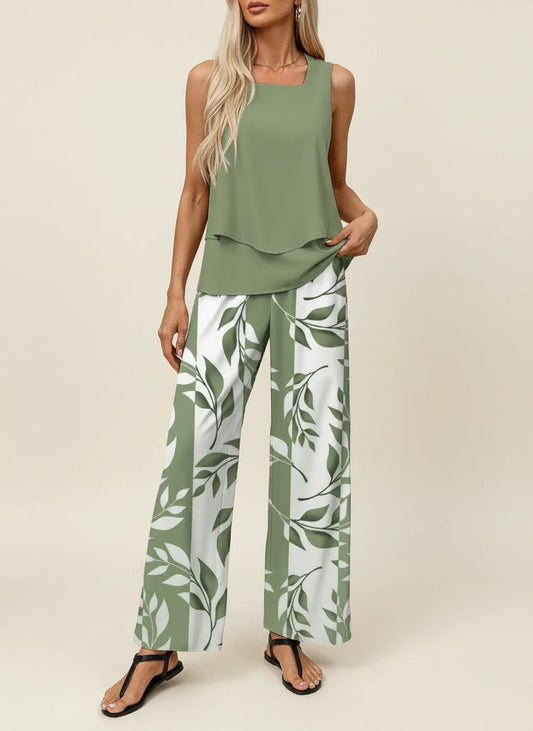 Sleeveless Jumpsuit Set in Green White - front view