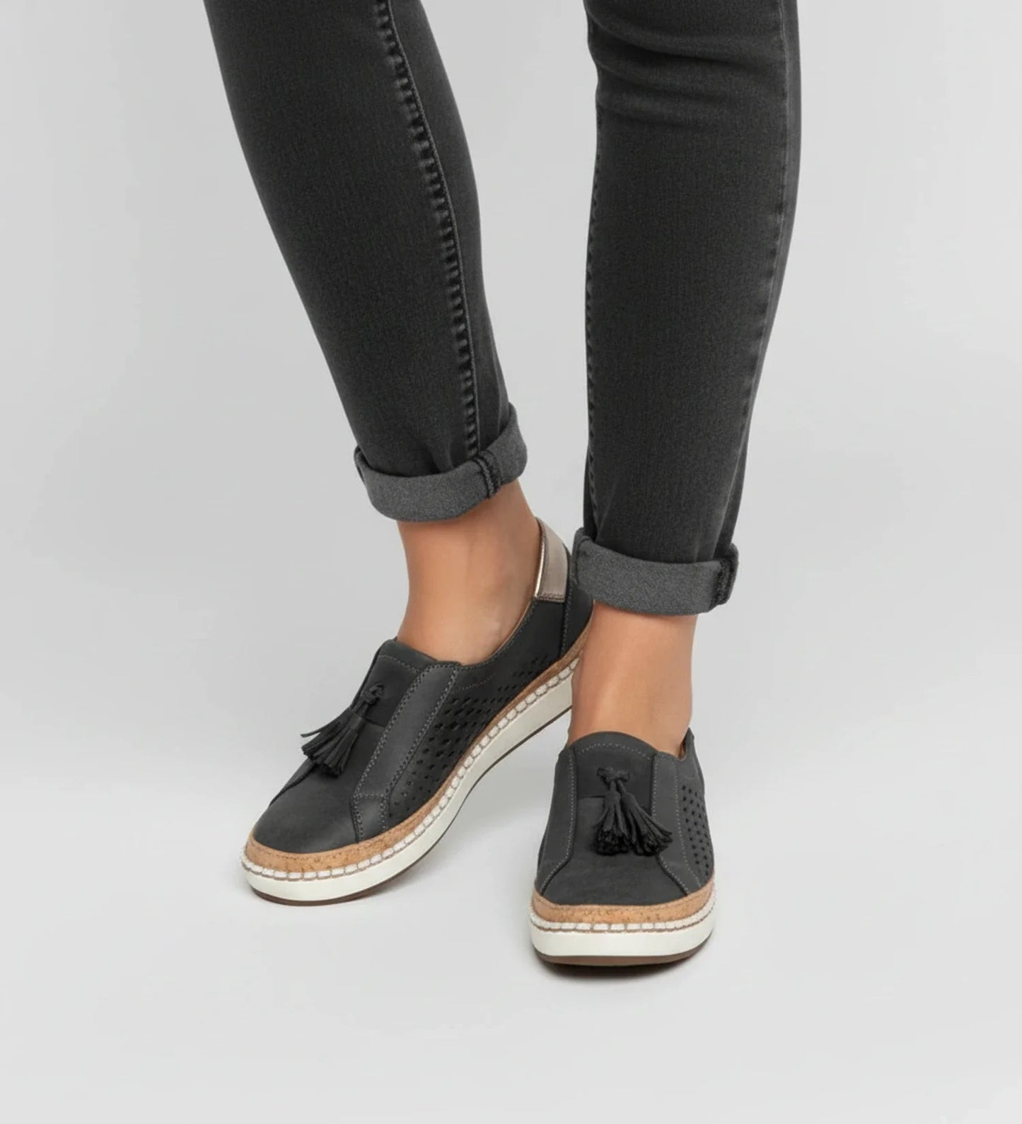 Tassel Loafer Sneaker with Perforated Design in Black - back view