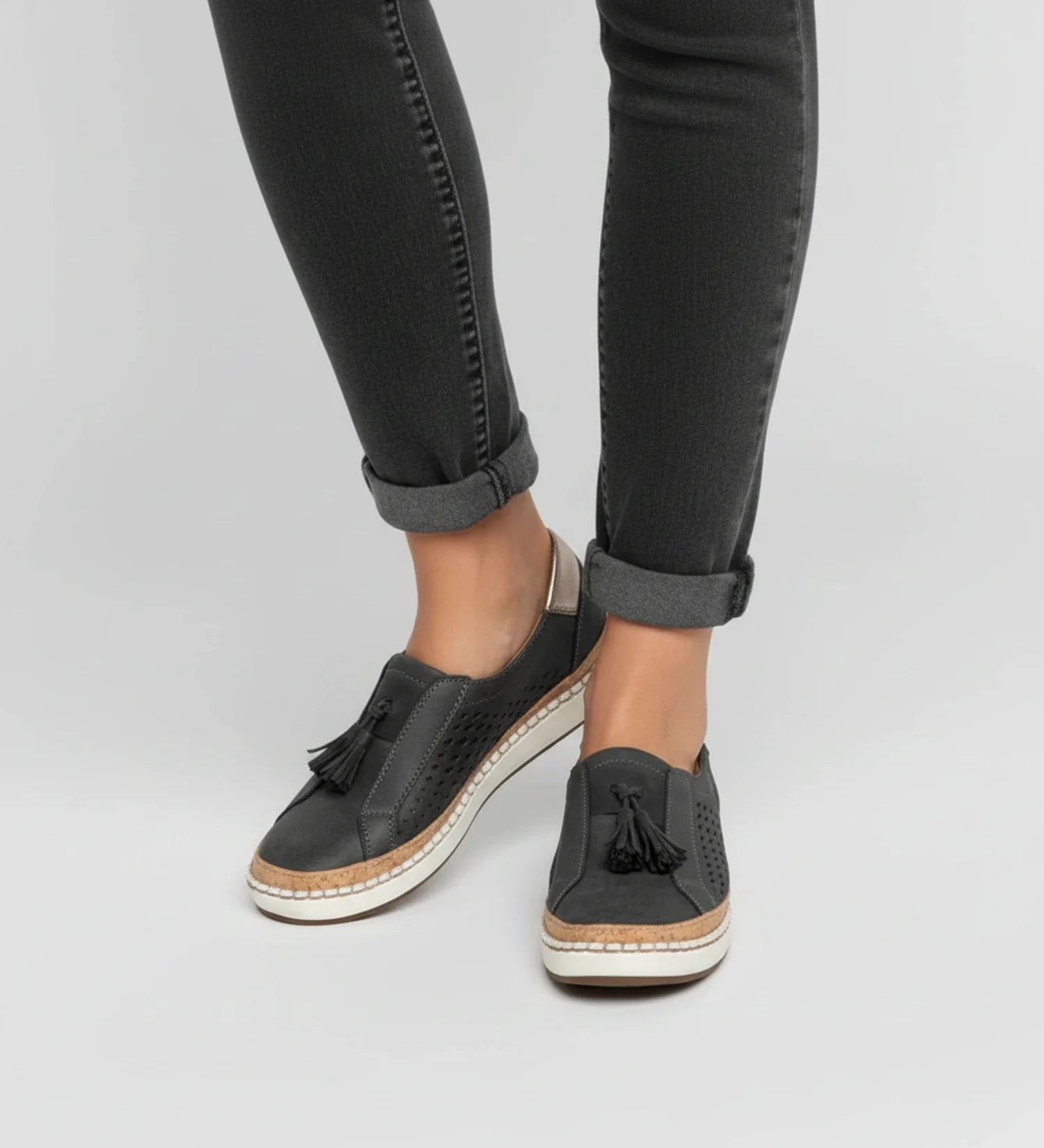 Tassel Loafer Sneaker with Perforated Design in Black - back view