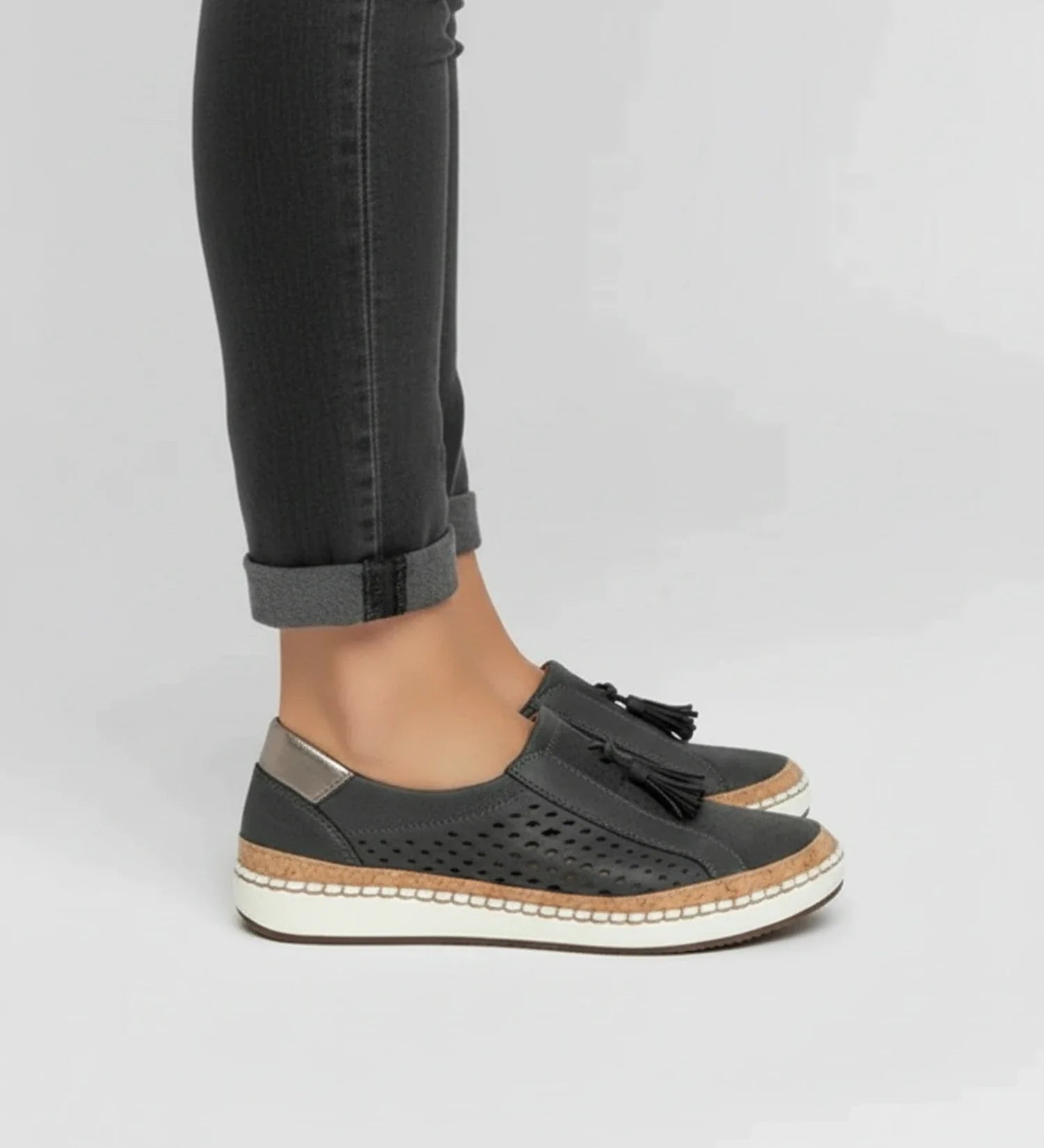 Tassel Loafer Sneaker with Perforated Design in Black - front view