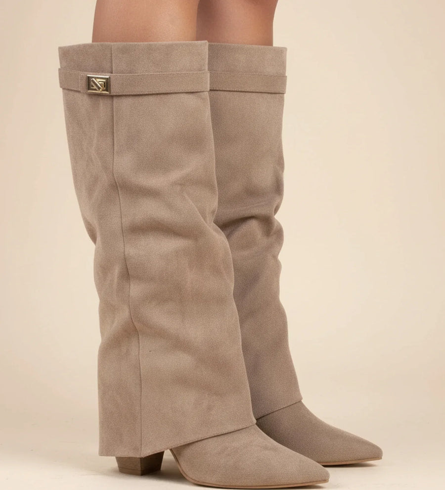 Luvrefashion | Pull On Slouchy Knee High Boots in Beige - front view