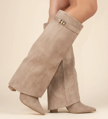 Pull On Slouchy Knee High Boots in Beige - side view
