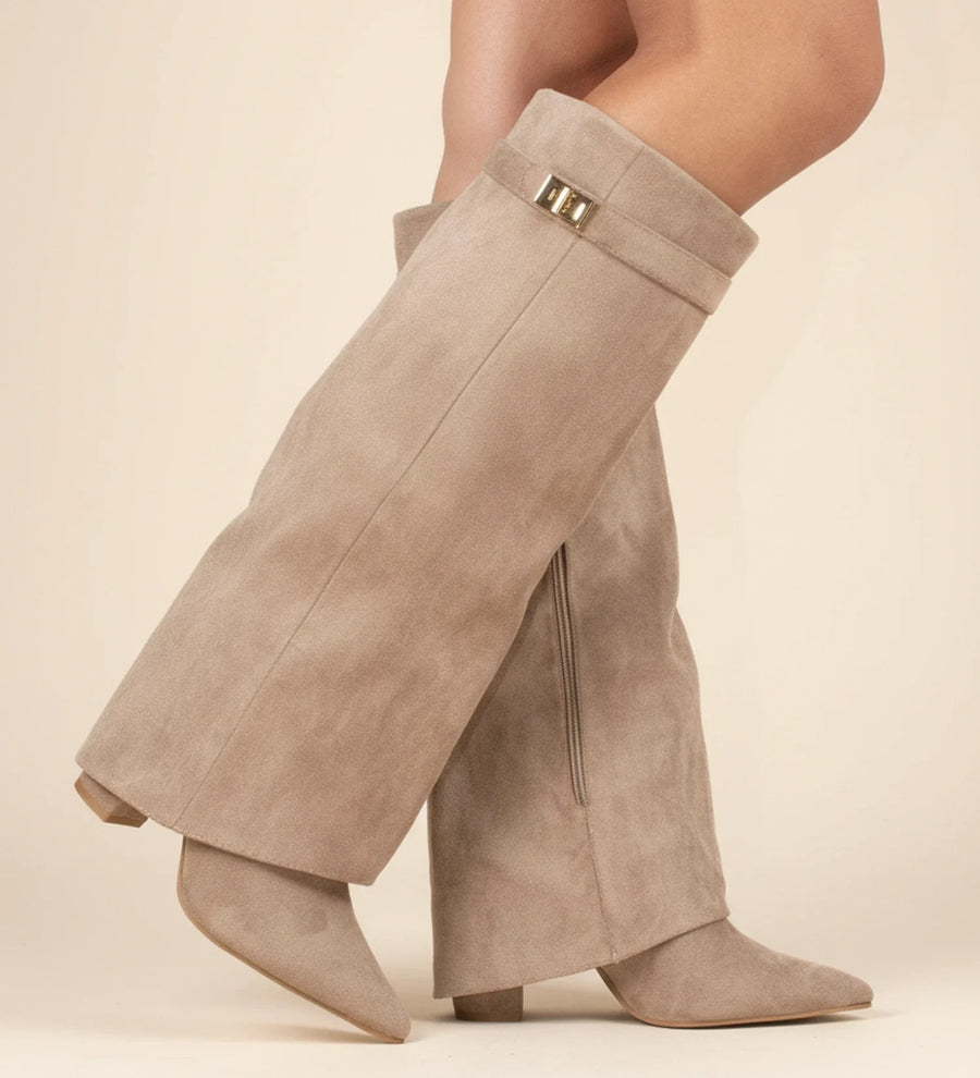Luvrefashion | Pull On Slouchy Knee High Boots in Beige - side view