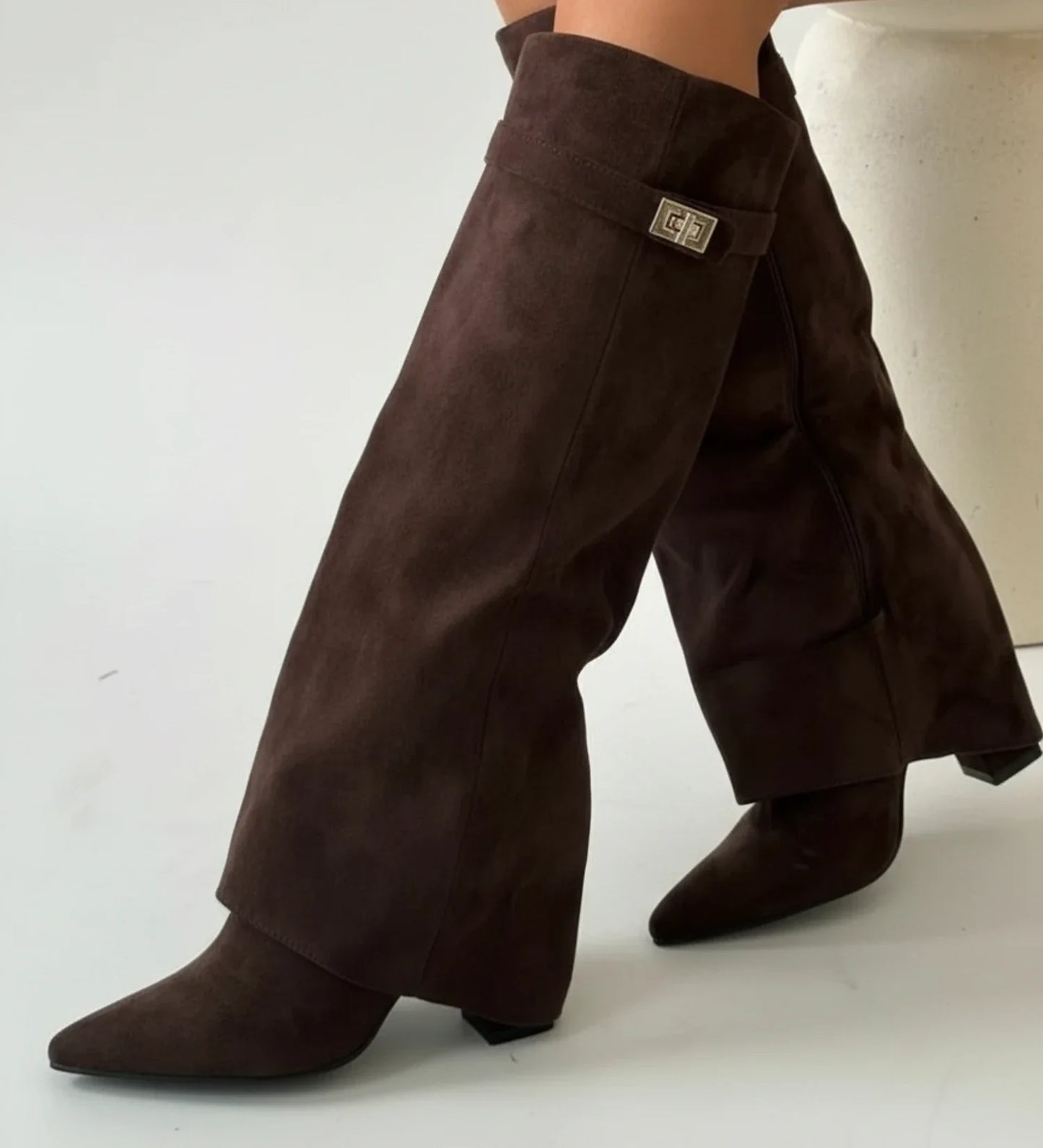 Pull On Slouchy Knee High Boots in Beige - detail view
