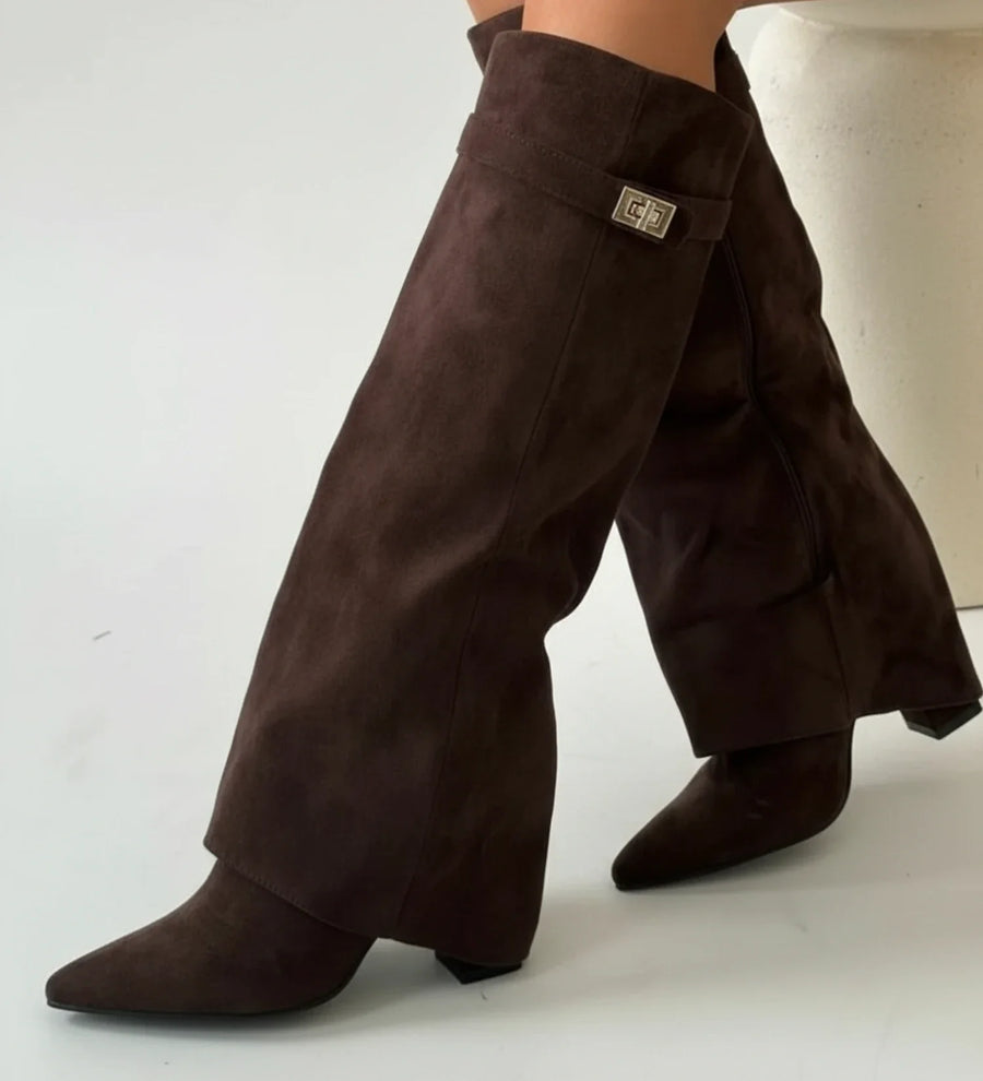 Luvrefashion | Pull On Slouchy Knee High Boots in Beige - detail view