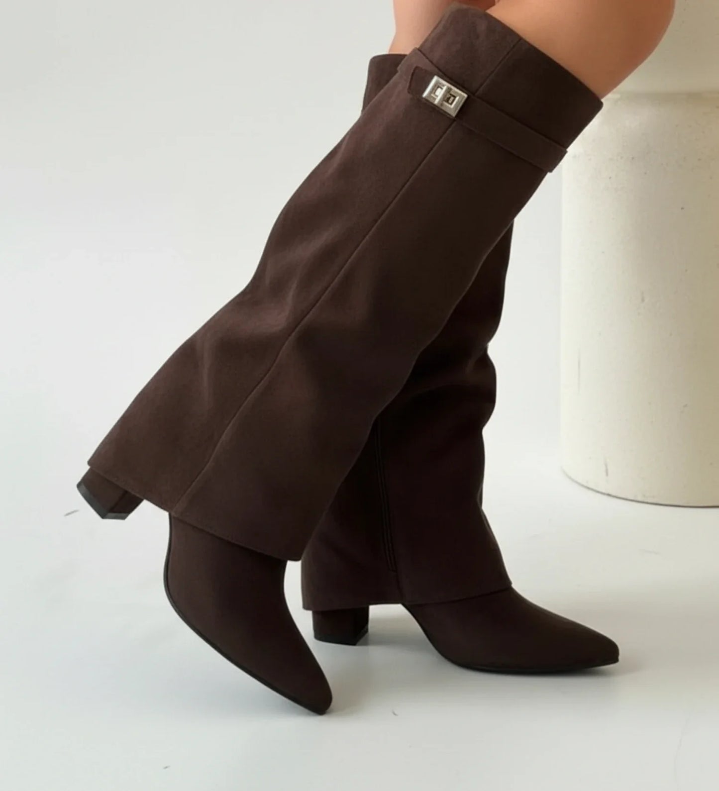 Pull On Slouchy Knee High Boots in Beige - back view