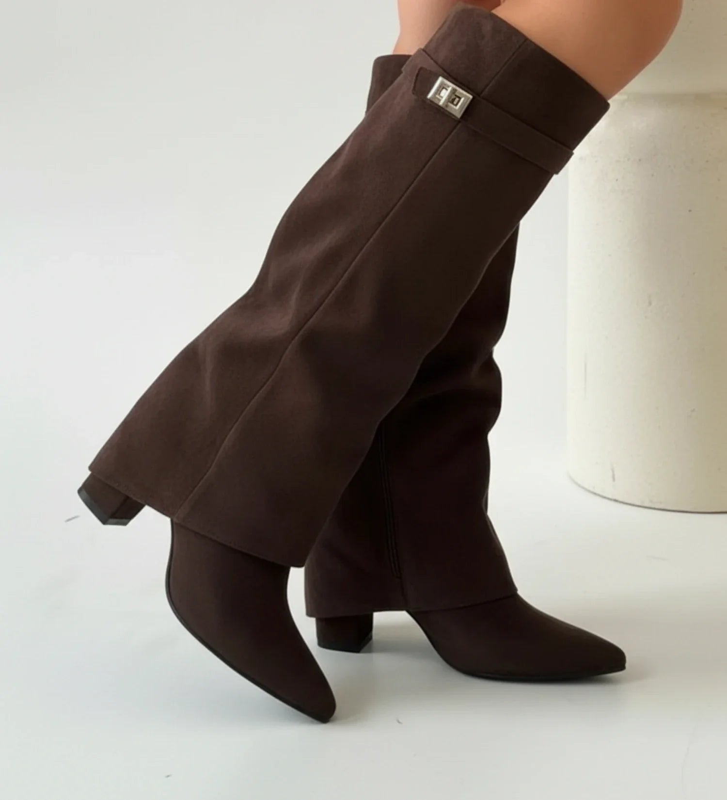 Luvrefashion | Pull On Slouchy Knee High Boots in Beige - back view