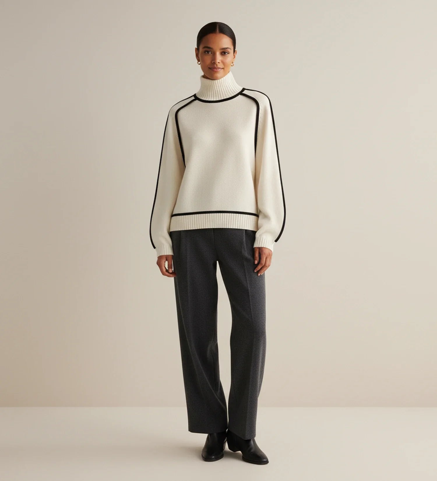 Contrast Trim Turtleneck Sweater in Brown - image 9