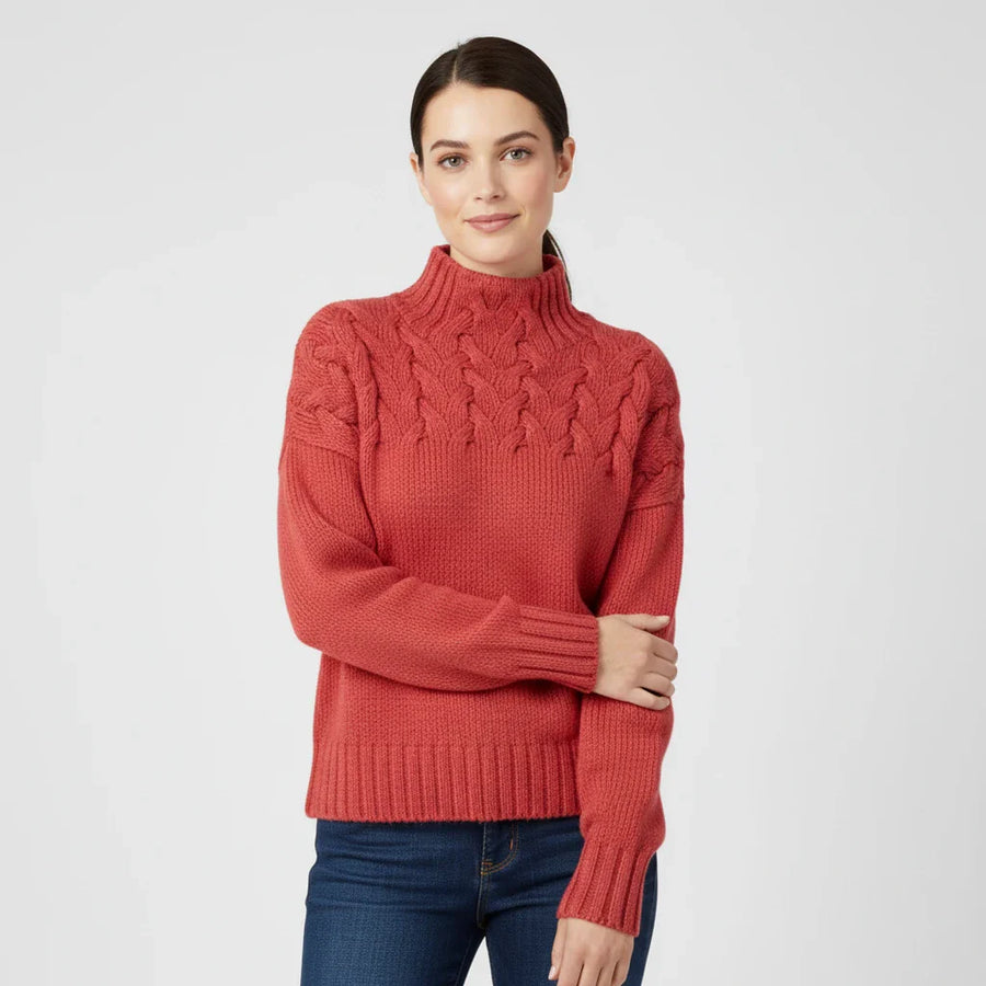 Luvrefashion | Ladies' High Neck Pullover Sweater in Brown - detail view