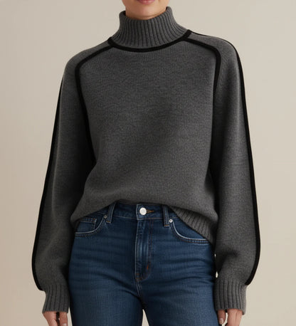 Contrast Trim Turtleneck Sweater in Brown - styled look