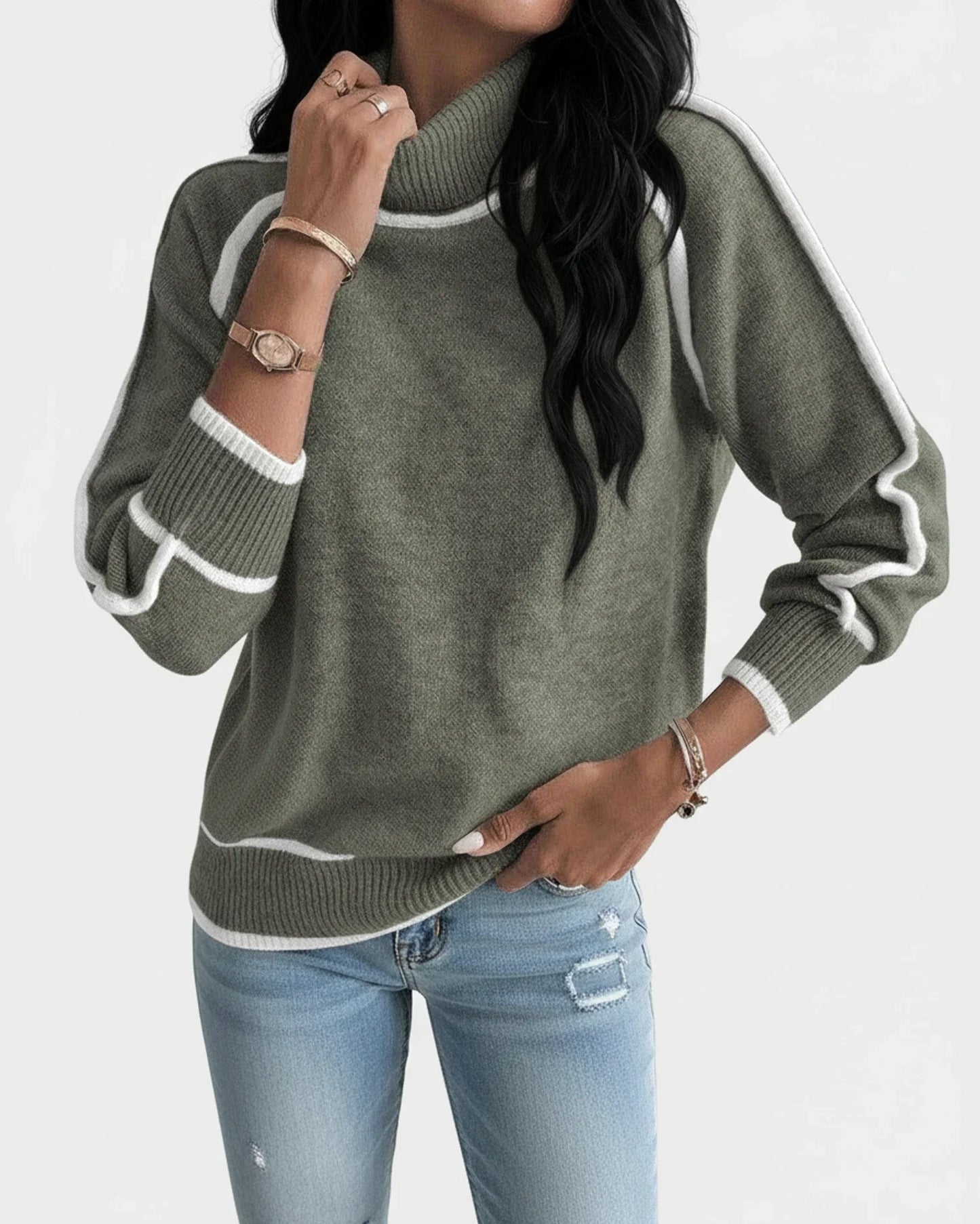 Luvrefashion | Knit Sweater with Contrast Trim and Turtleneck in Green - front view