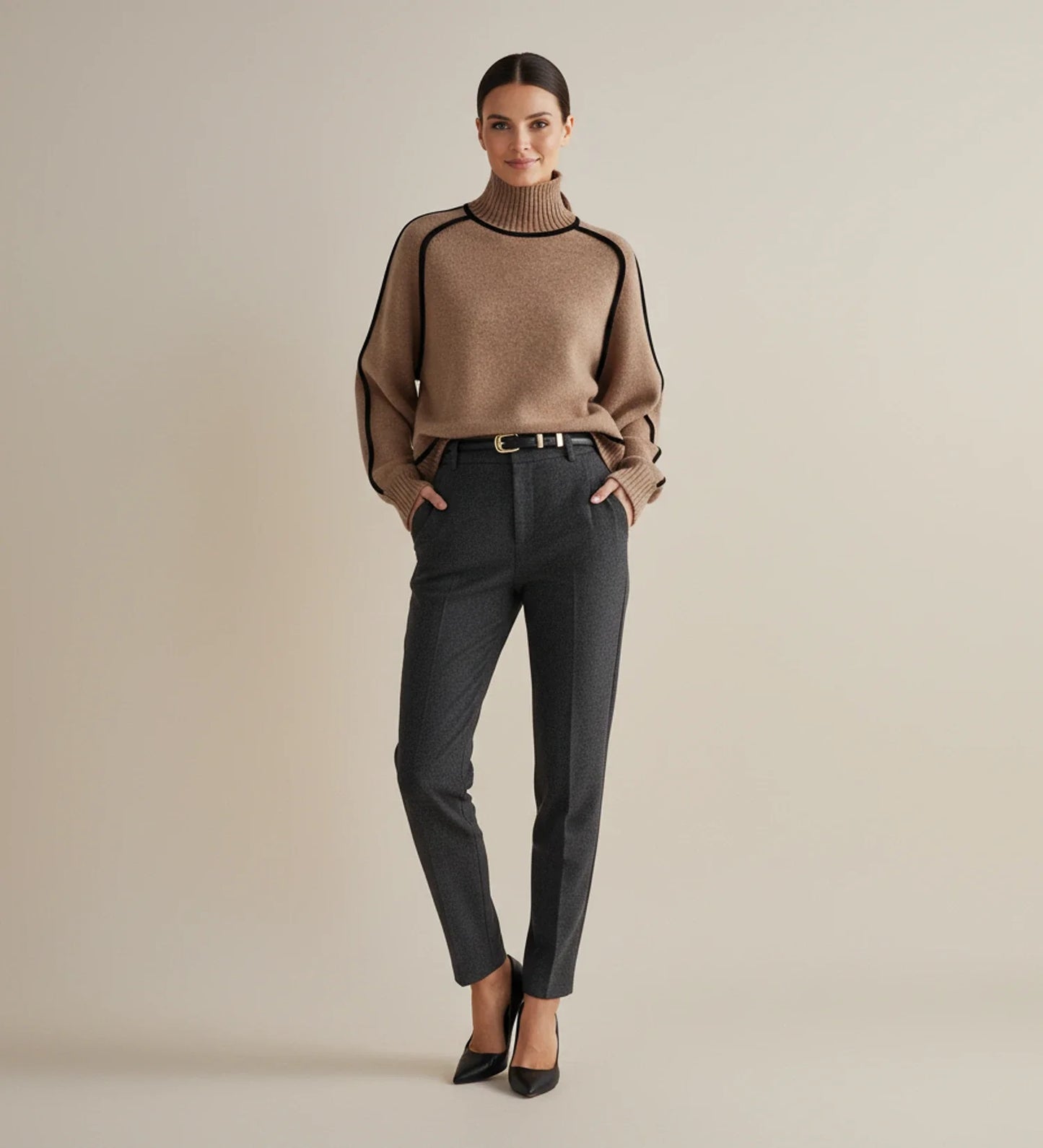 Contrast Trim Turtleneck Sweater in Brown - back view