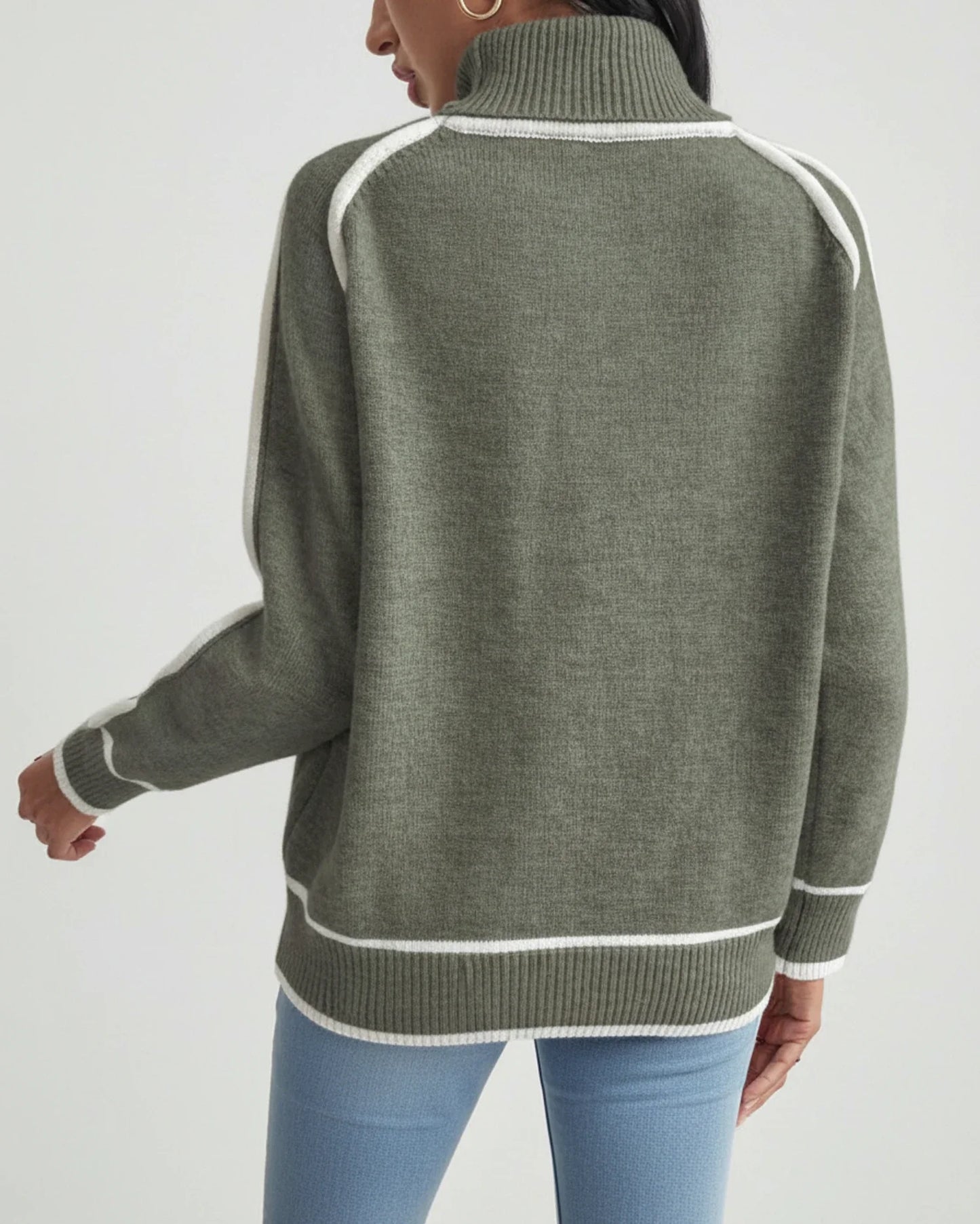 Luvrefashion | Knit Sweater with Contrast Trim and Turtleneck in Green - back view
