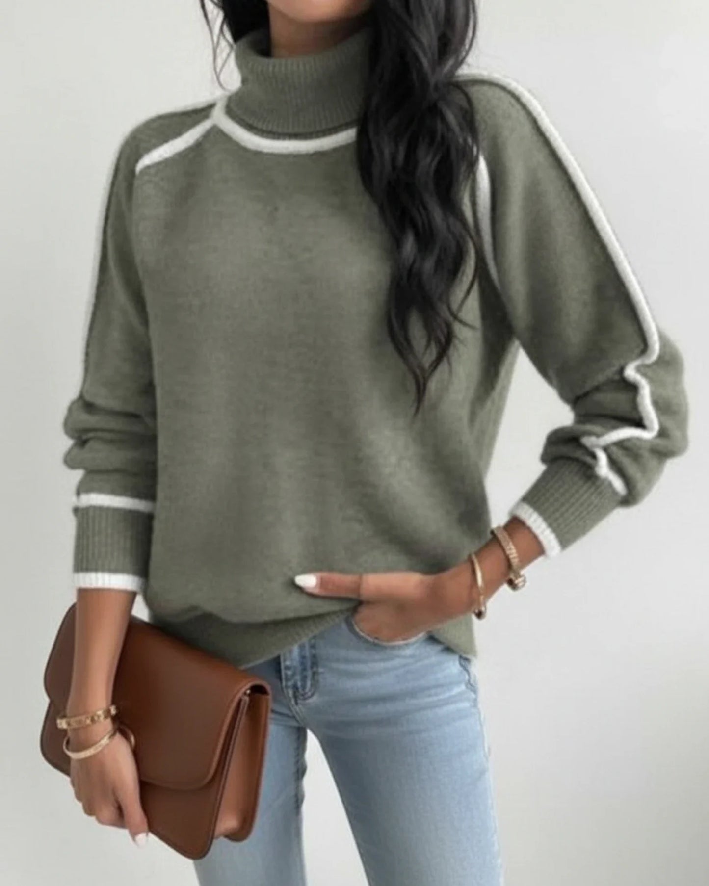 Luvrefashion | Knit Sweater with Contrast Trim and Turtleneck in Green - detail view