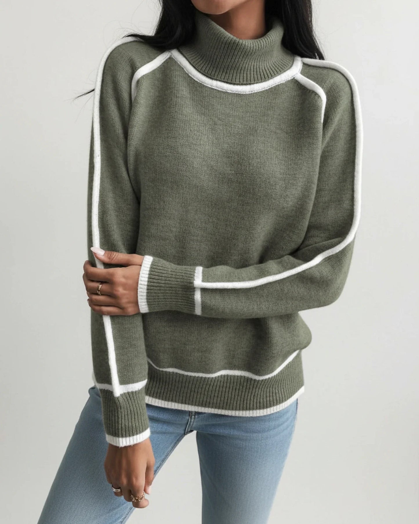 Luvrefashion | Knit Sweater with Contrast Trim and Turtleneck in Green - side view