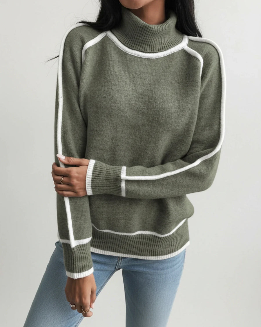 Luvrefashion | Knit Sweater with Contrast Trim and Turtleneck in Green - side view