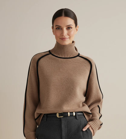 Contrast Trim Turtleneck Sweater in Brown - front view