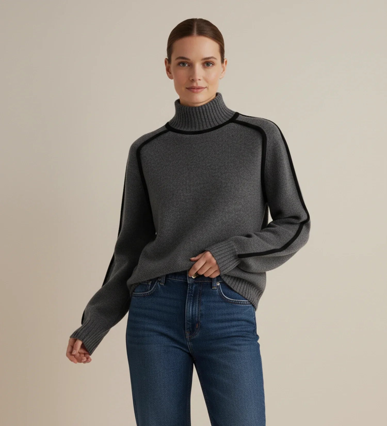 Luvrefashion | Contrast Trim Turtleneck Sweater in Brown - detail view