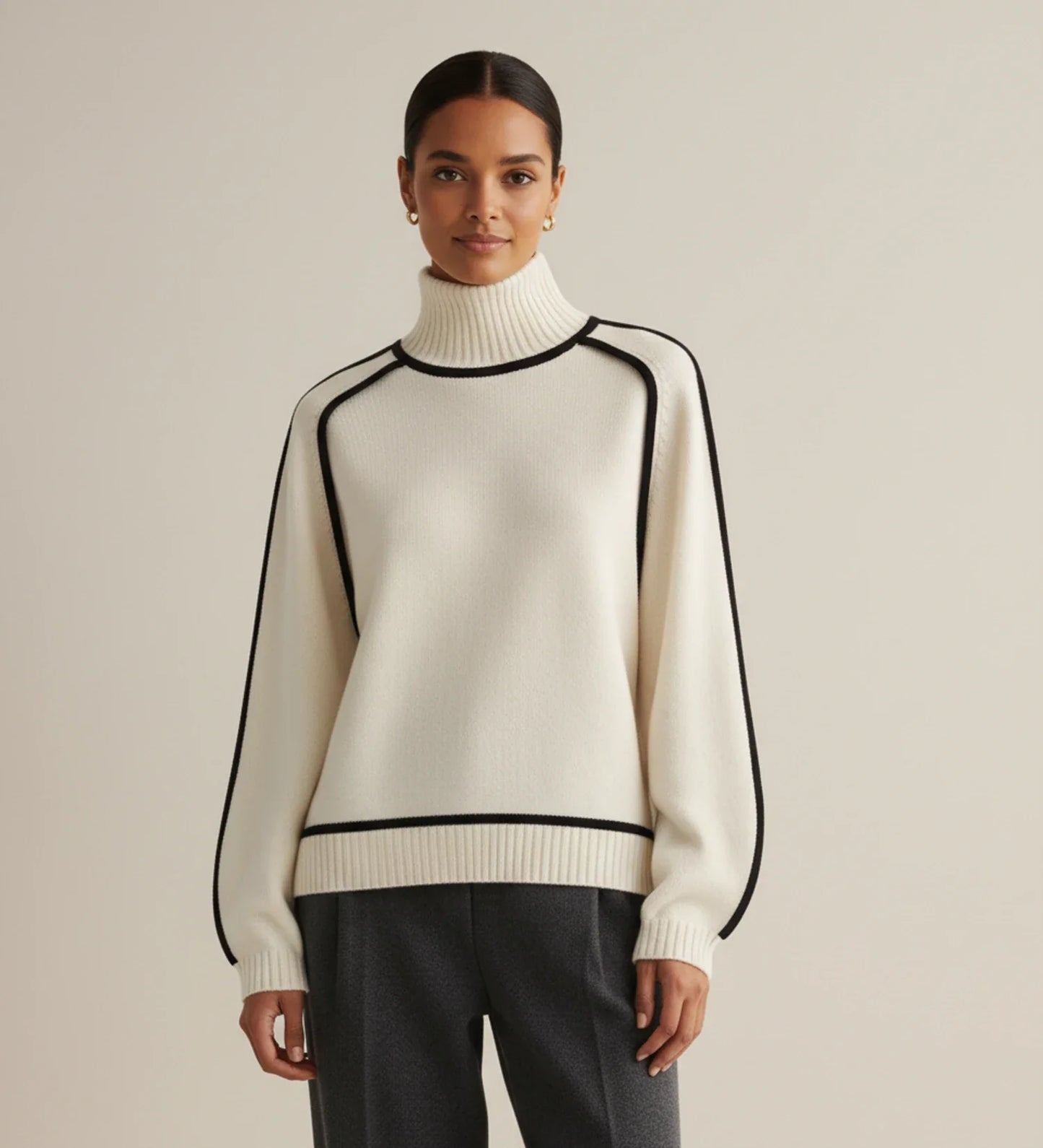 Contrast Trim Turtleneck Sweater in Brown - image 7