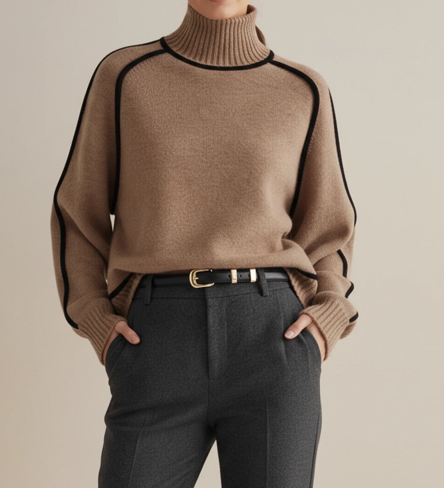 Contrast Trim Turtleneck Sweater in Brown - side view