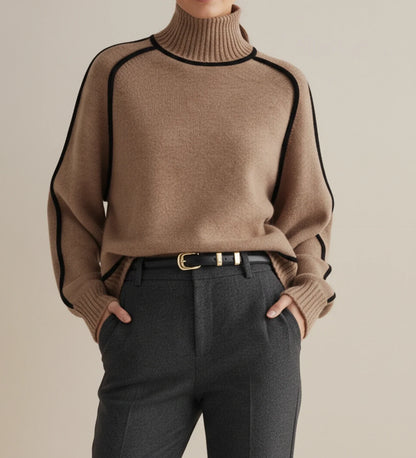 Contrast Trim Turtleneck Sweater in Brown - side view