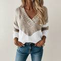 V-Neck Sweater for Women with Color Block Design
