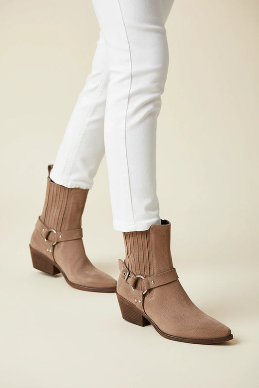 Western Ankle Boots in Suede Style in Brown - front view