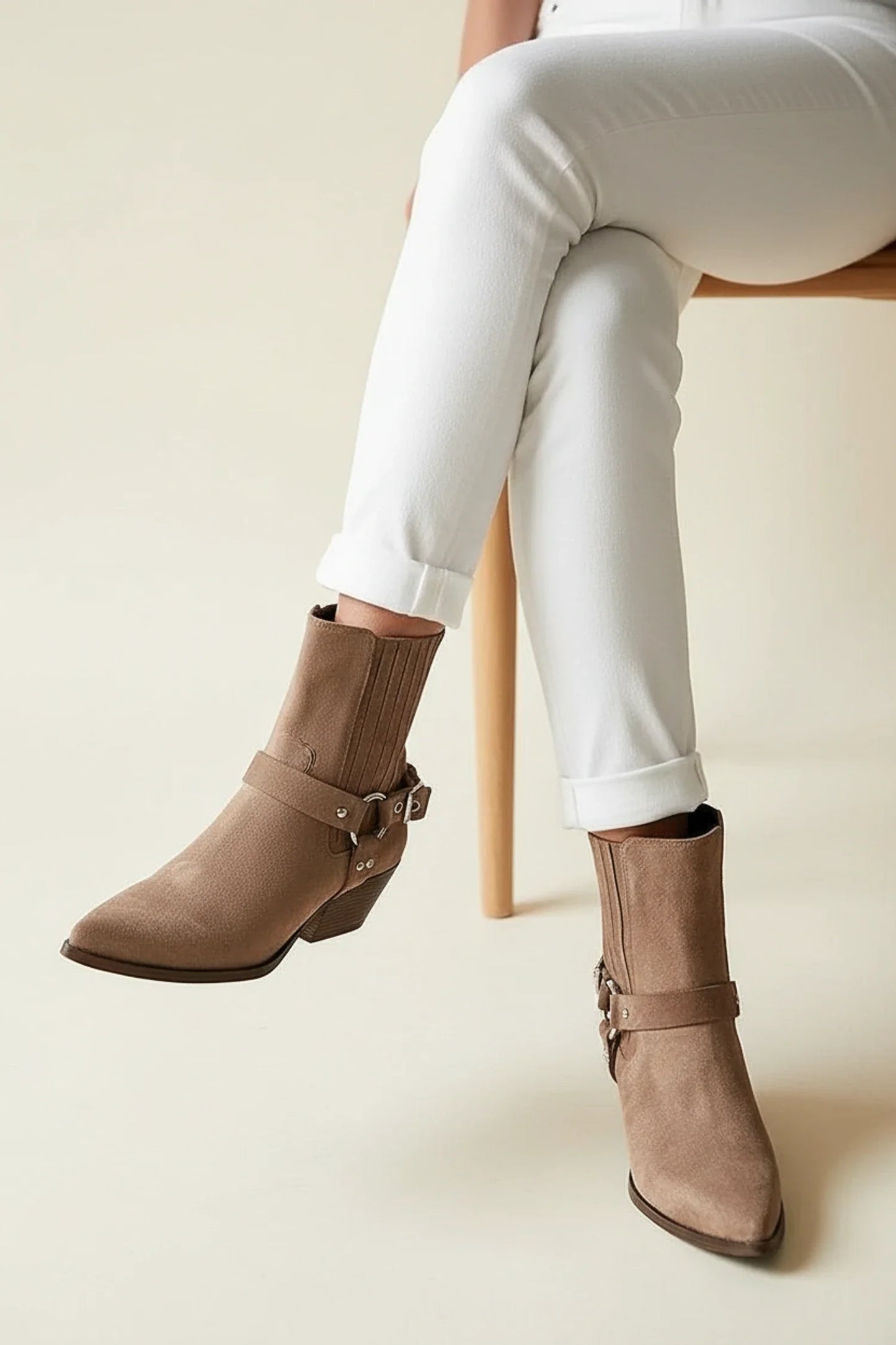 Western Ankle Boots in Suede Style in Brown - back view