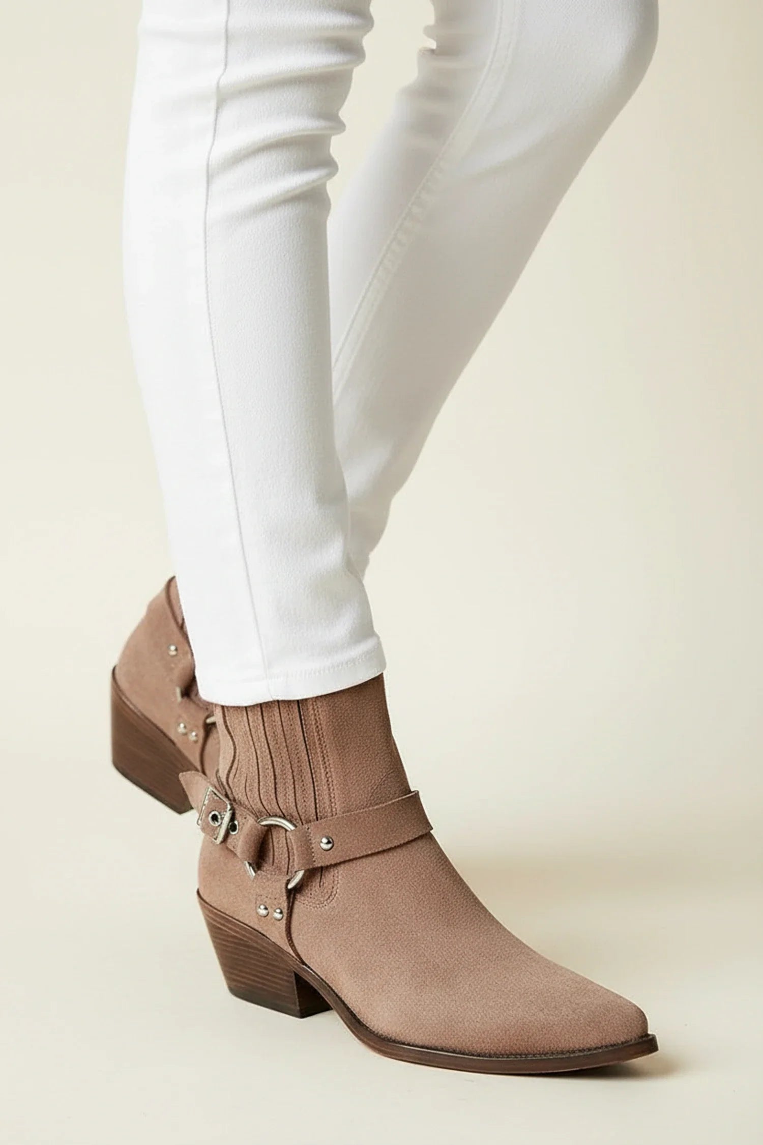 Western Ankle Boots in Suede Style in Brown - side view