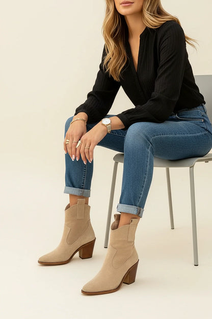 Suede Style Western Ankle Boots for in Beige - back view