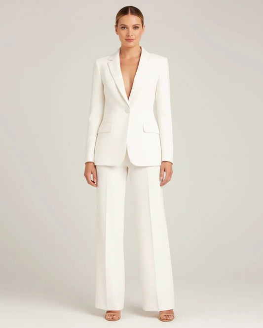 Elegant Tailored Long Blazer Suit Ensemble in White - front view