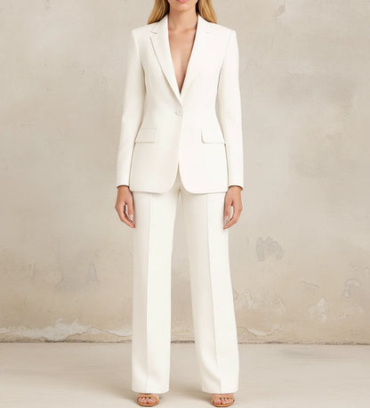 Elegant Tailored Long Blazer Suit Ensemble in White - detail view