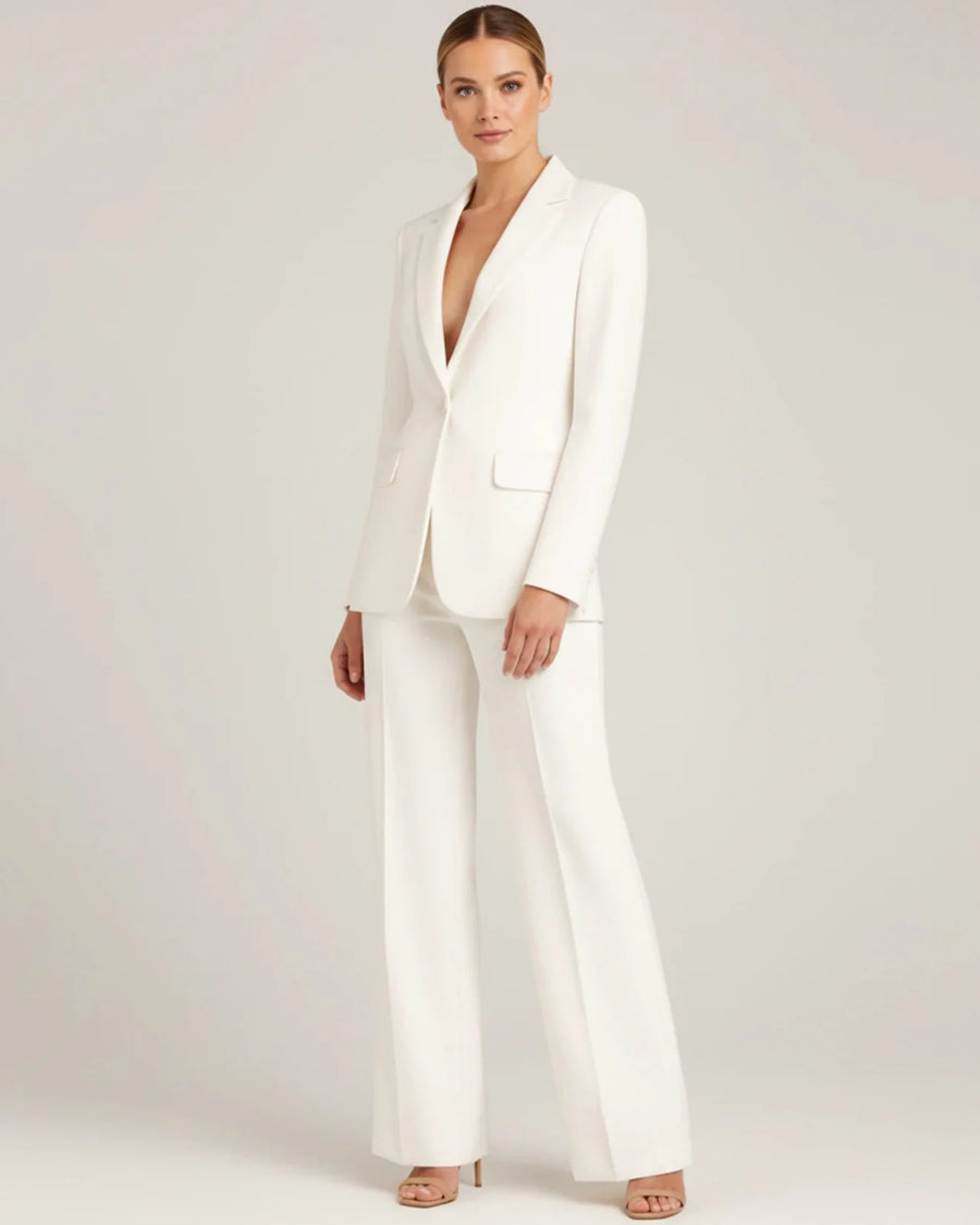 Luvrefashion | Elegant Tailored Long Blazer Suit Ensemble in White - back view