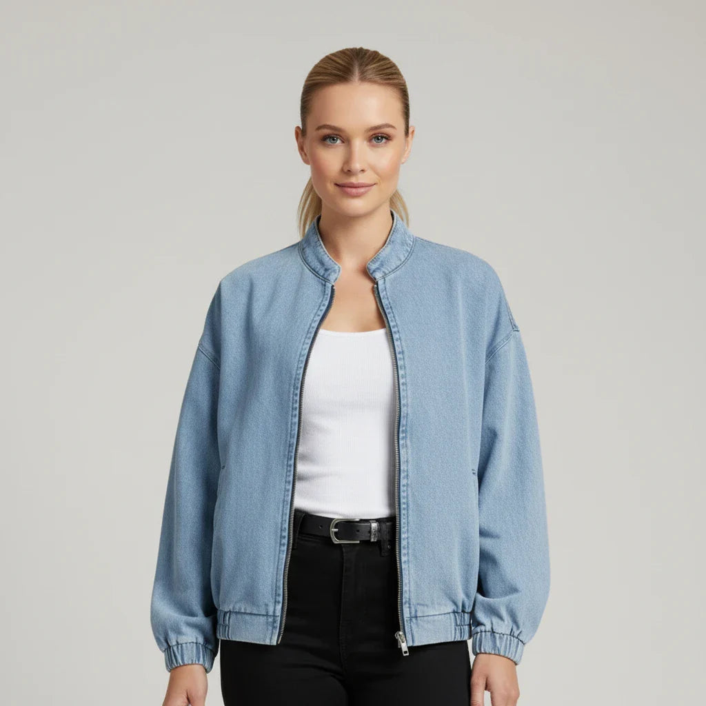 Luvrefashion | Denim Bomber Jacket with Zipper in Blue - front view