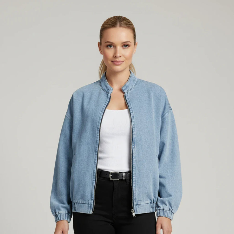 Luvrefashion | Denim Bomber Jacket with Zipper in Blue - front view