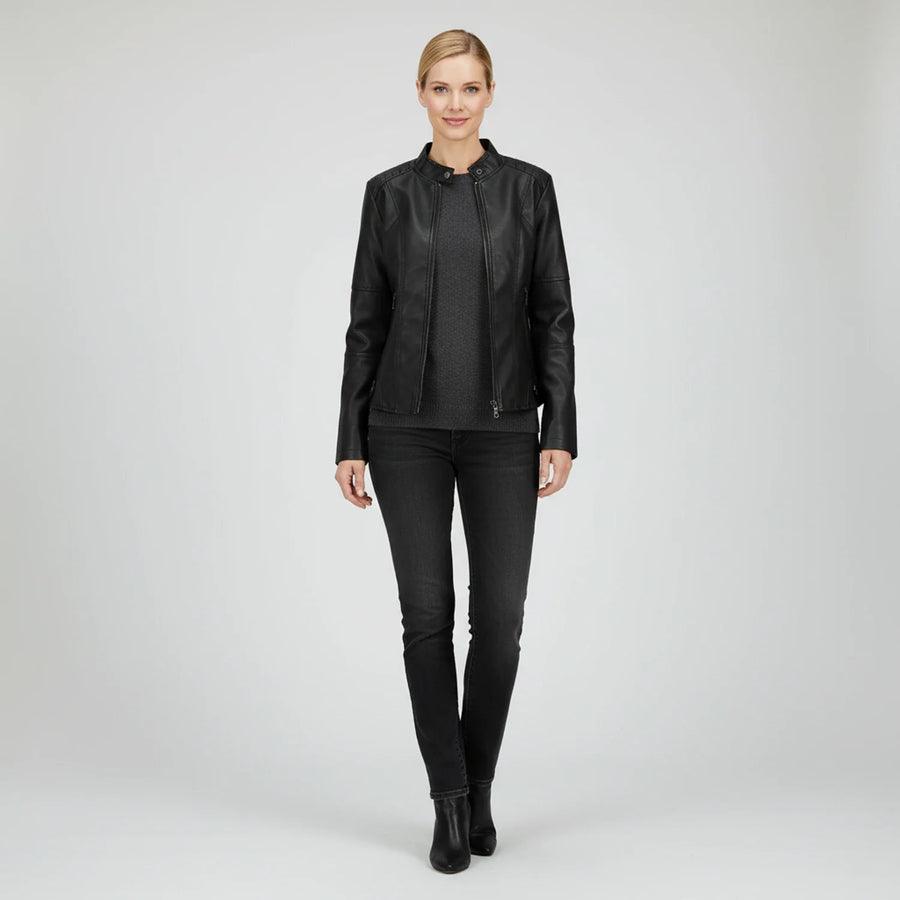 Luvrefashion | Ladies' Motorcycle Biker Jacket with Zippered Pockets in Black - back view